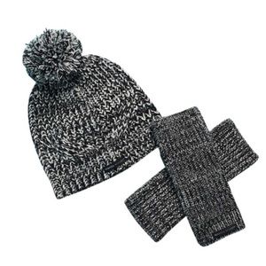 REBECCA MINKOFF Marled Knit Beanie Hat and Arm Warmer Gloves Set, Black, OS
